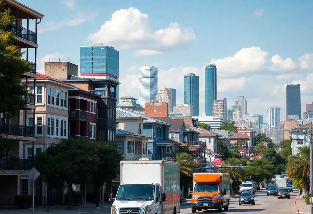 Cityscape of Houston with moving trucks