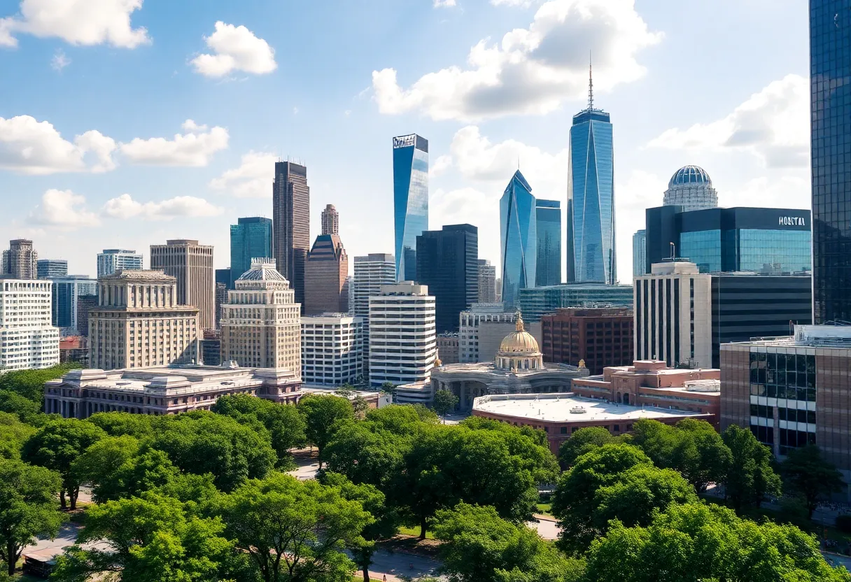 A panoramic view of Houston featuring its skyline and cultural landmarks.