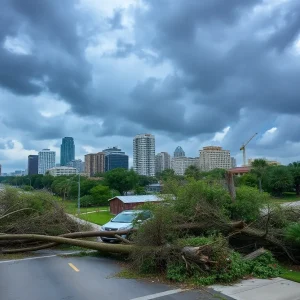 Damage in Houston following a derecho storm with debris and fallen trees