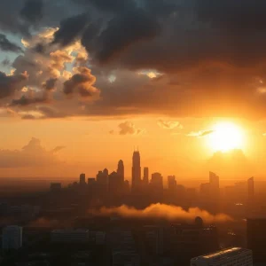 A view of Houston skyline with intense heat atmosphere and approaching storm clouds.