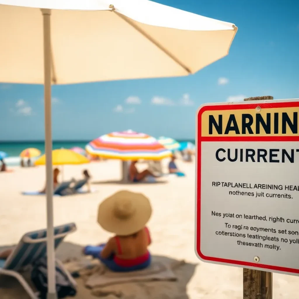 Beachgoers enjoying the sunny weather in Houston with a rip current warning sign.
