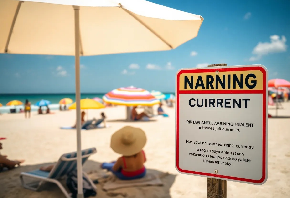 Beachgoers enjoying the sunny weather in Houston with a rip current warning sign.