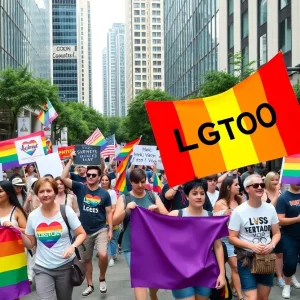 Crowd celebrating at Houston's LGBTQ+ Pride event with flags and decorations.
