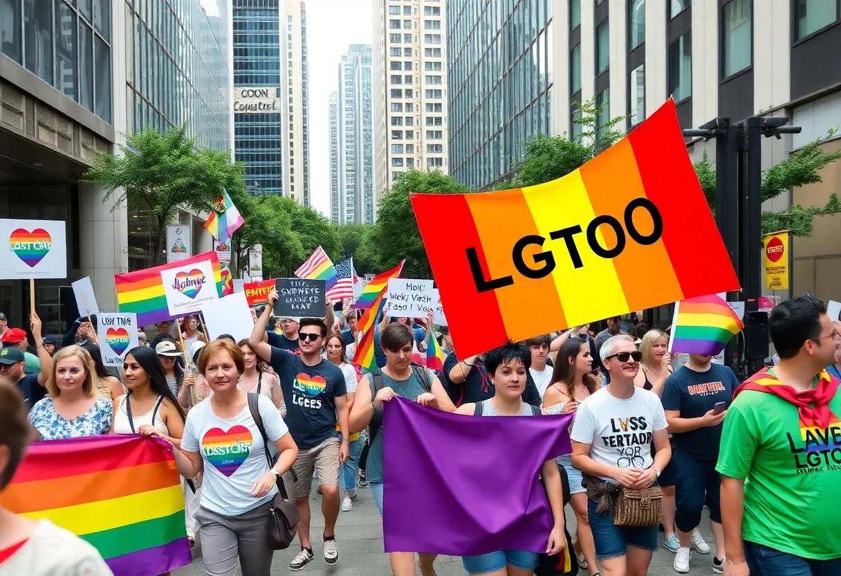 Crowd celebrating at Houston's LGBTQ+ Pride event with flags and decorations.
