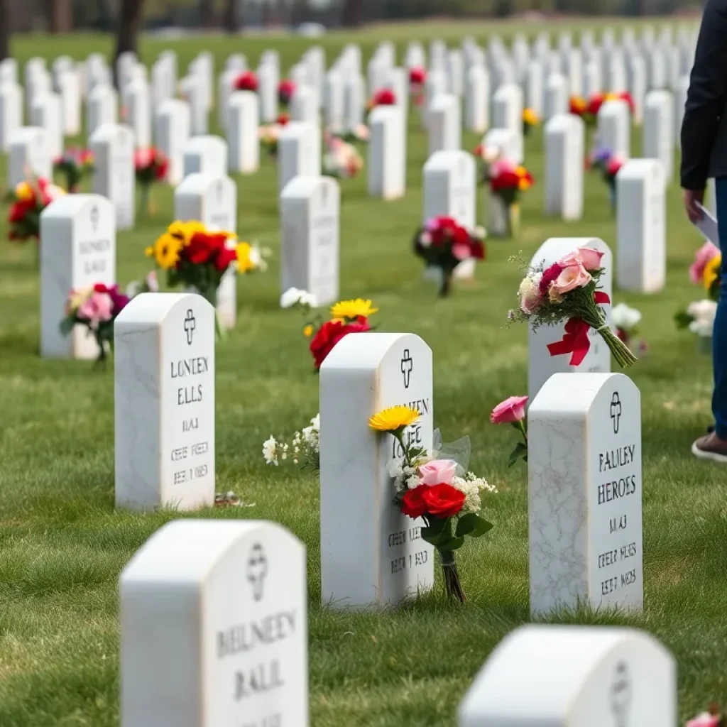 Volunteers placing flowers at headstones in a cemetery to honor veterans.