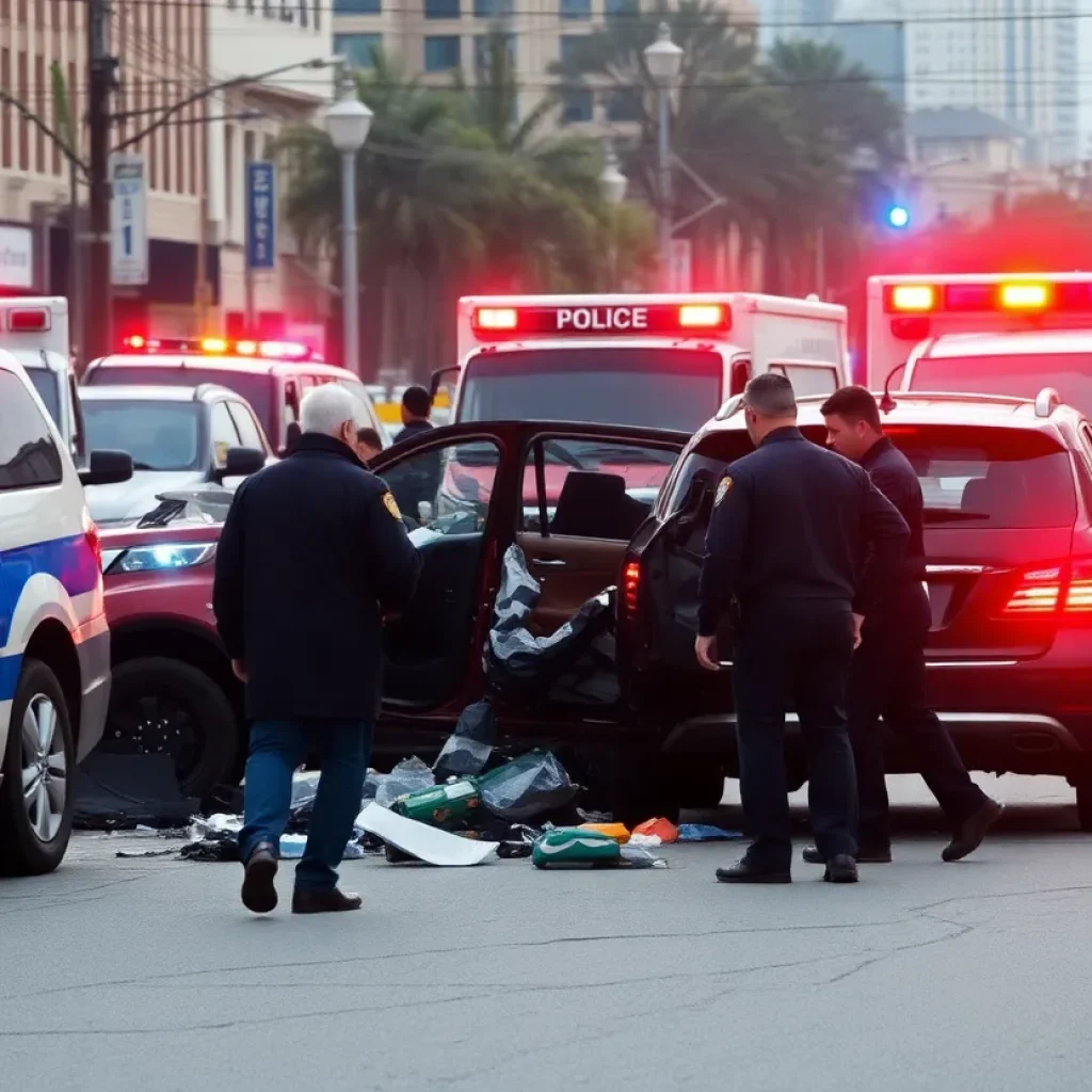 Scene of a police chase aftermath with emergency vehicles