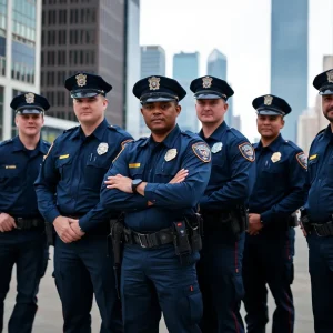 Houston police officers gathered in front of the city hall