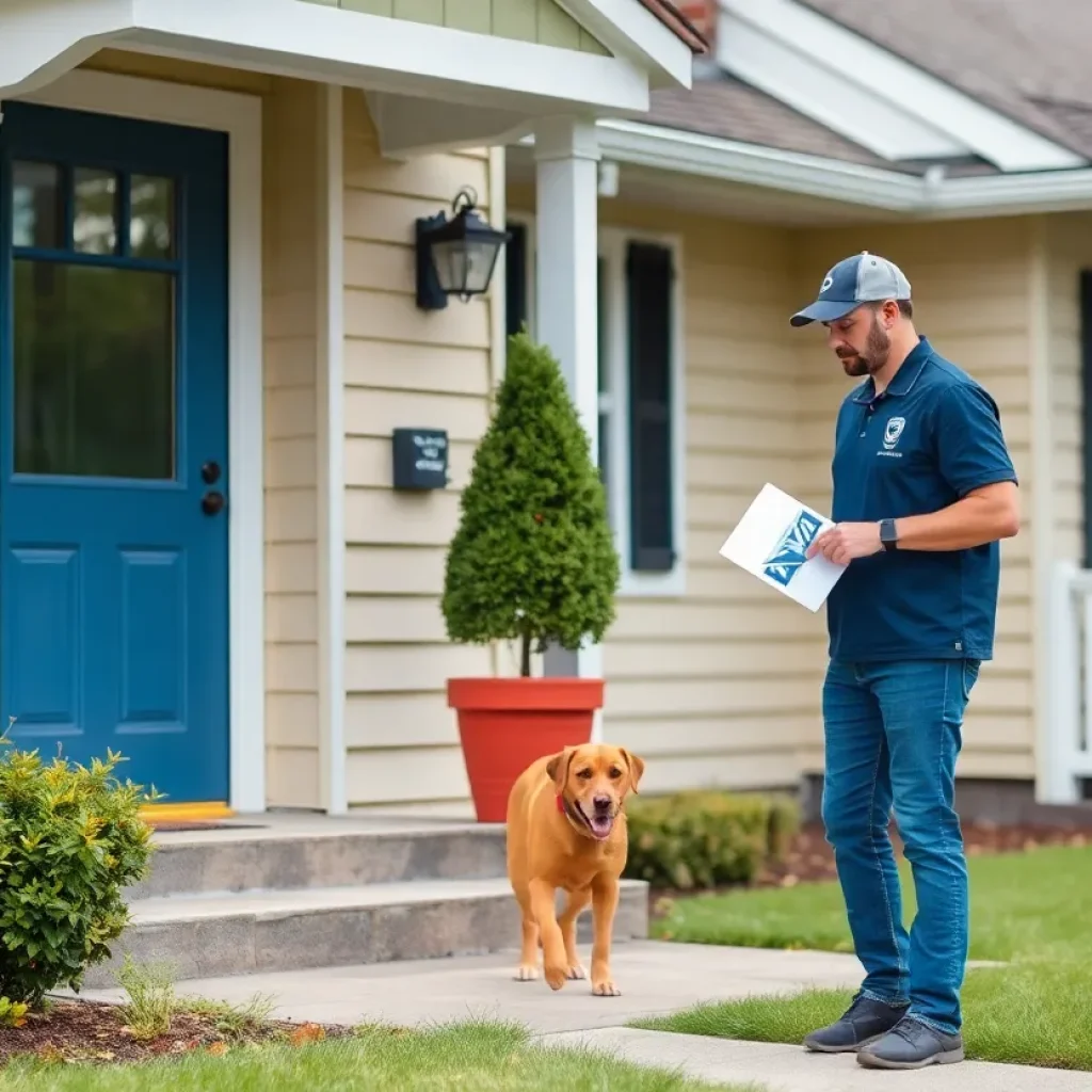 A postal worker delivering mail near a house with a dog outside.