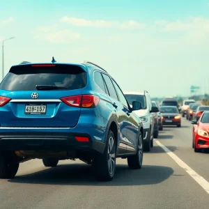 Car being towed backwards on a busy highway