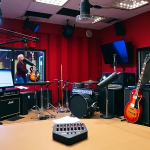 Inside view of a vibrant rock radio studio in Houston.