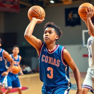 Basketball players in action during a game