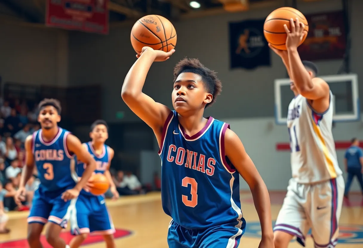 Basketball players in action during a game