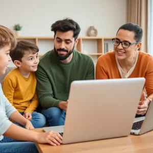 Parent talking to children about online safety regarding Chromebooks