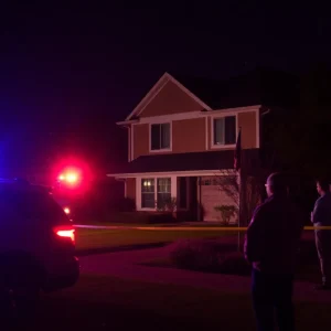 Police cars and flashing lights at a house party shooting scene in Houston