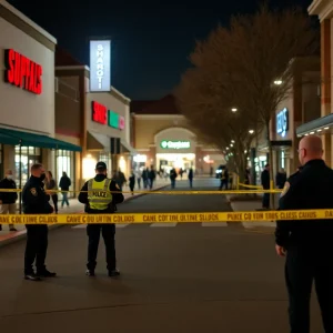 Police cordoning off a shopping center following a shooting incident.