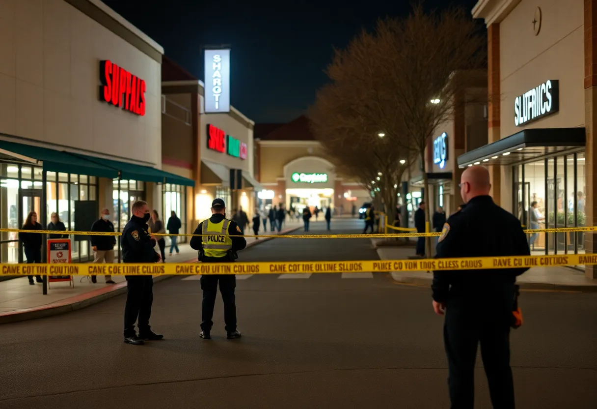 Police cordoning off a shopping center following a shooting incident.