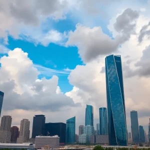 Aerial view of Houston skyline showing skyscrapers affected by high winds.
