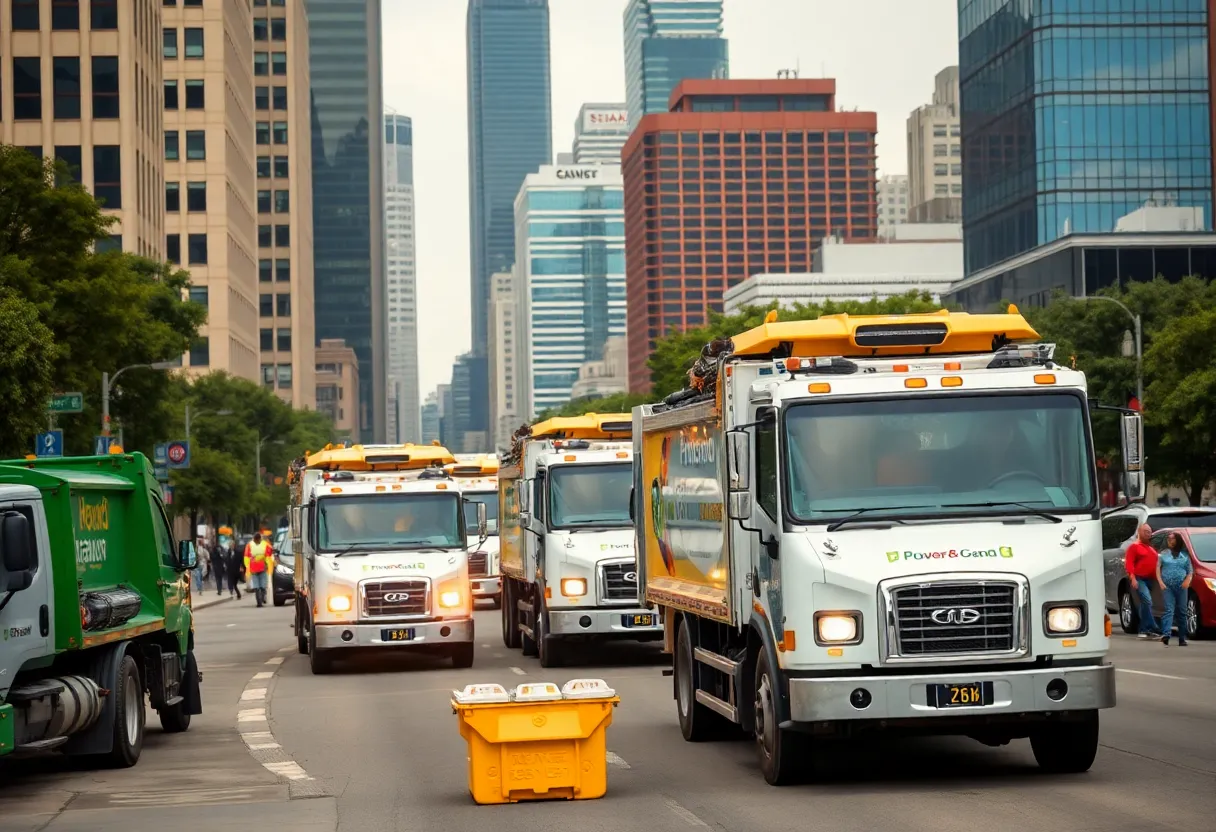 Garbage trucks in Houston collecting waste from the streets