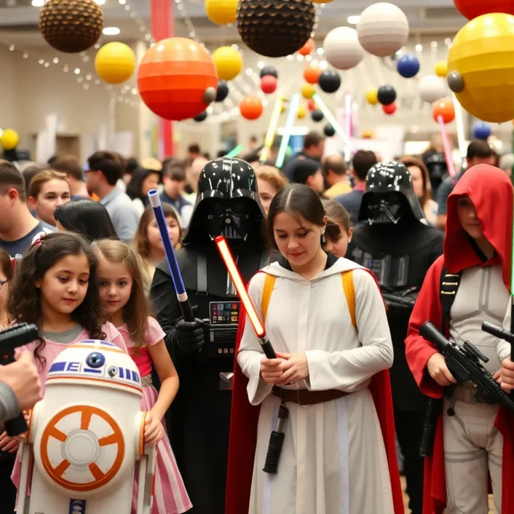 Families celebrating Star Wars Day in Houston with costumes and activities