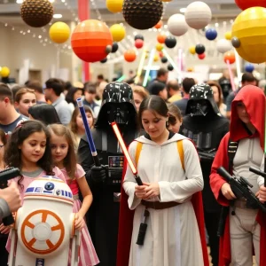 Families celebrating Star Wars Day in Houston with costumes and activities