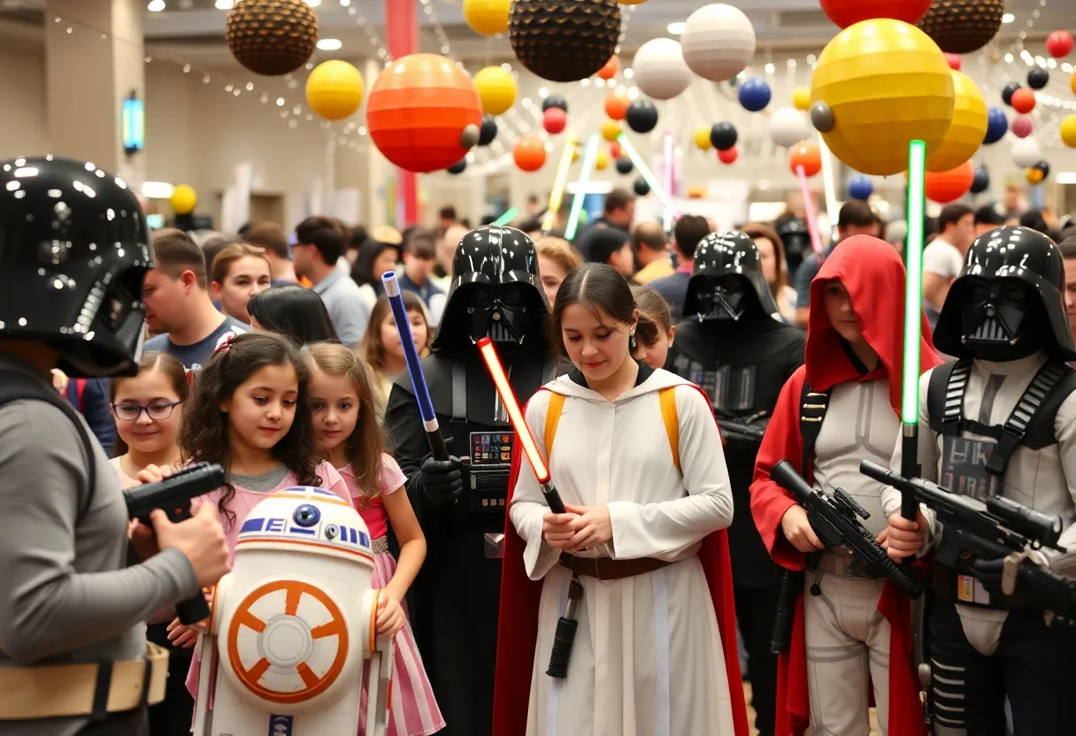 Families celebrating Star Wars Day in Houston with costumes and activities
