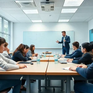 Students in a classroom using modern teaching methods