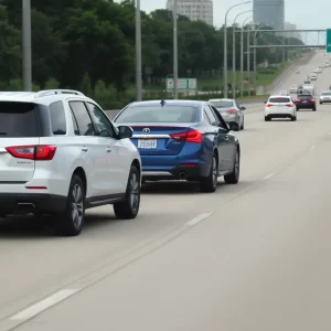 White SUV towing a blue sedan backwards on a Houston highway