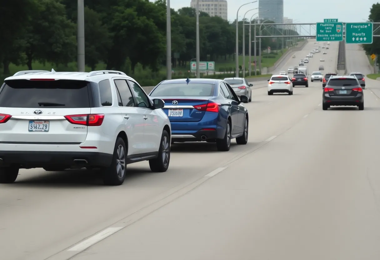 White SUV towing a blue sedan backwards on a Houston highway