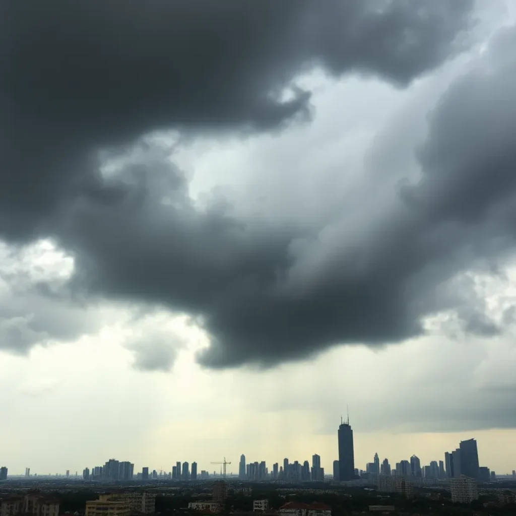 Dark storm clouds and heavy rain over Houston cityscape