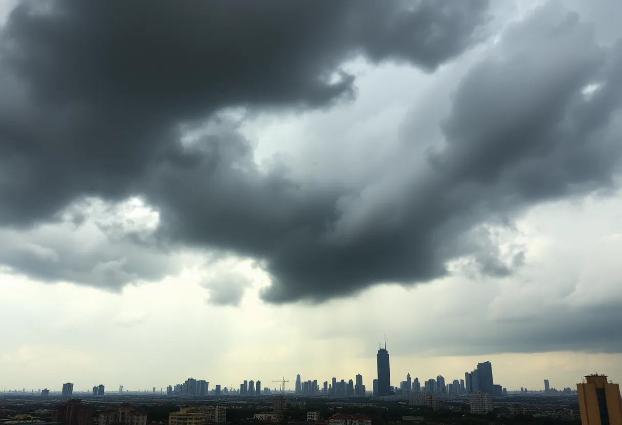 Dark storm clouds and heavy rain over Houston cityscape