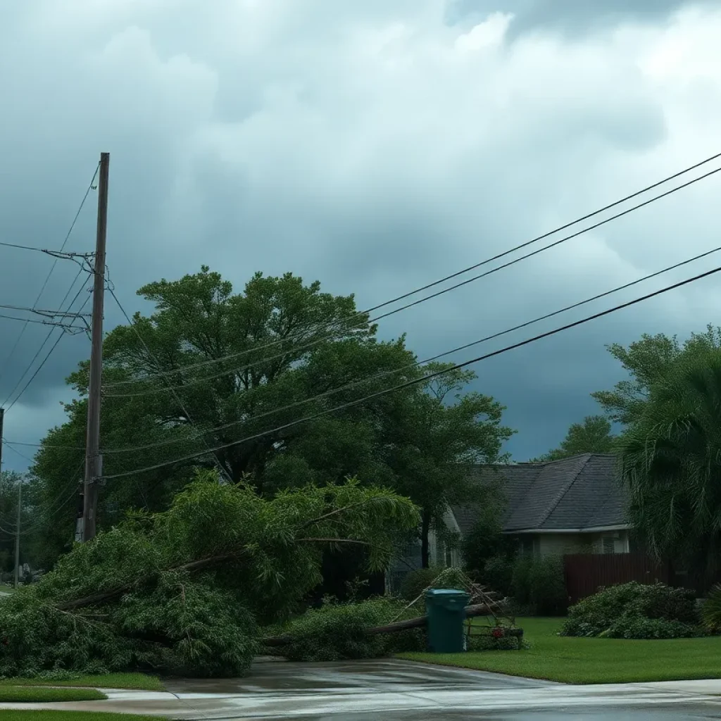 Houston neighborhood damaged by thunderstorms with fallen trees and debris