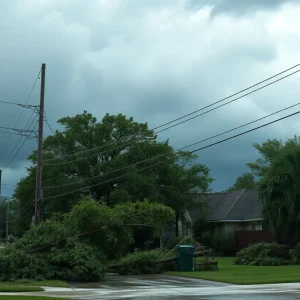 Houston neighborhood damaged by thunderstorms with fallen trees and debris