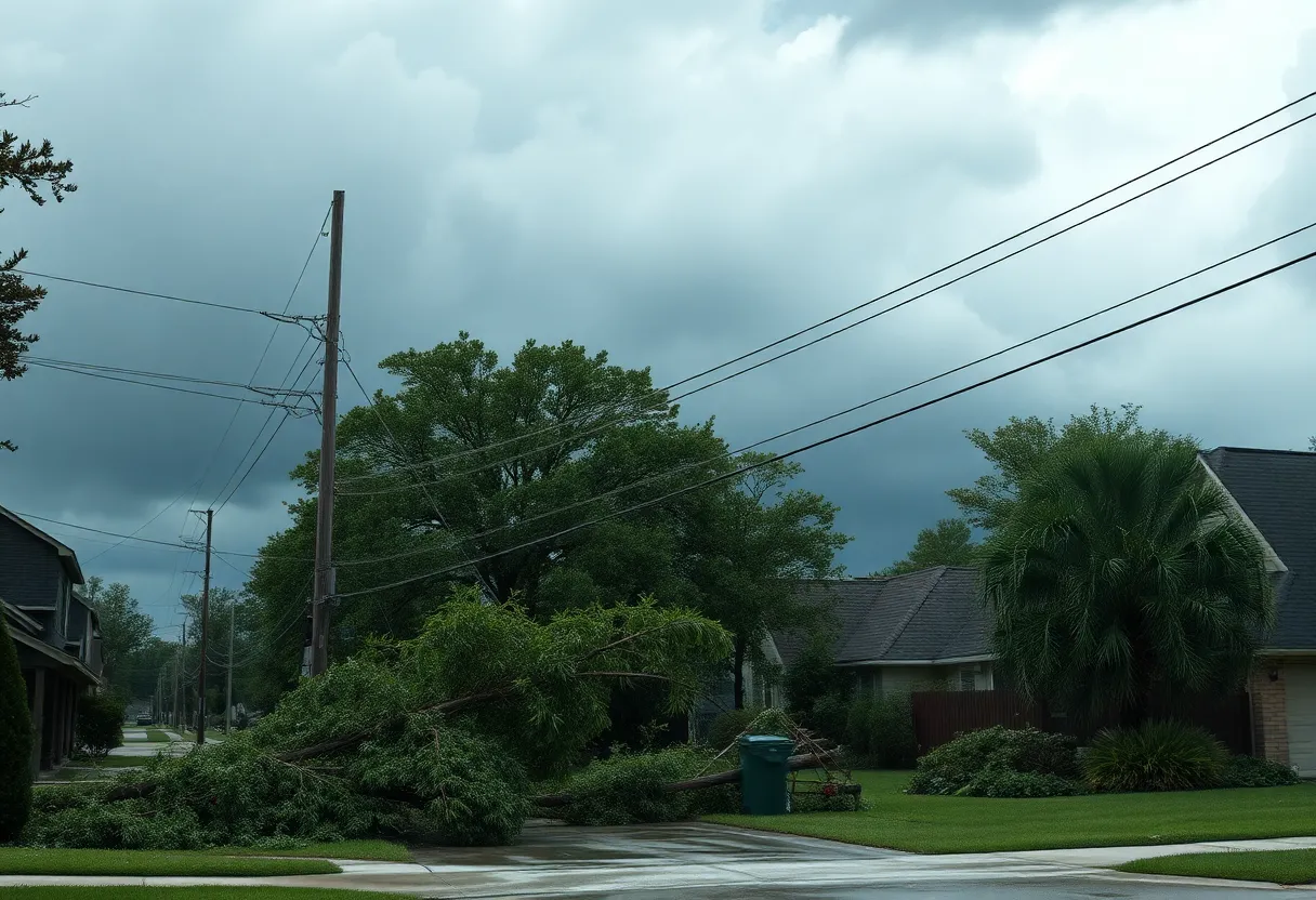 Houston neighborhood damaged by thunderstorms with fallen trees and debris