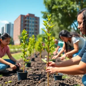 Volunteers planting trees in Houston community