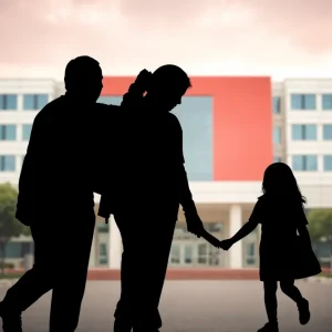 Silhouette of a family near a hospital symbolizing immigration challenges