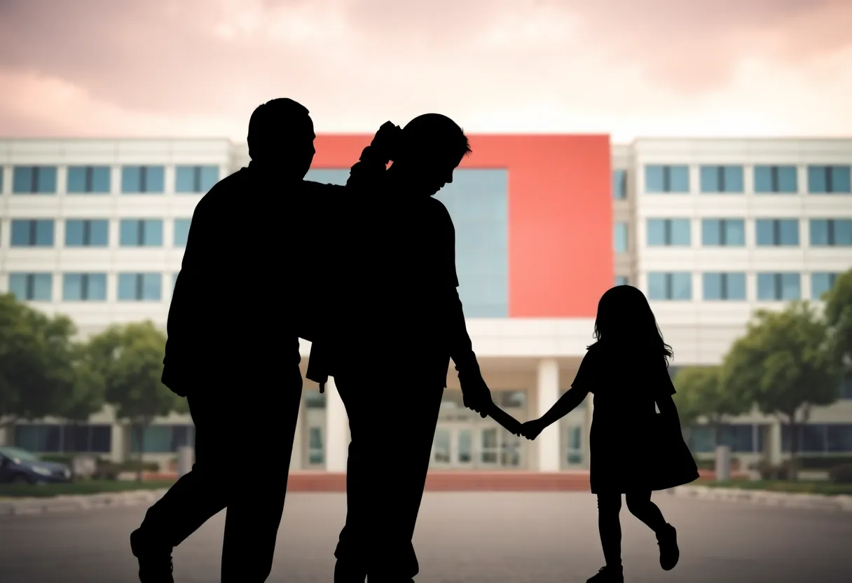 Silhouette of a family near a hospital symbolizing immigration challenges