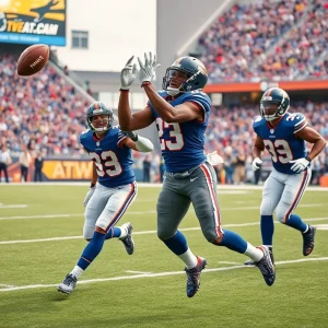 Football receiver making an impressive catch during a game