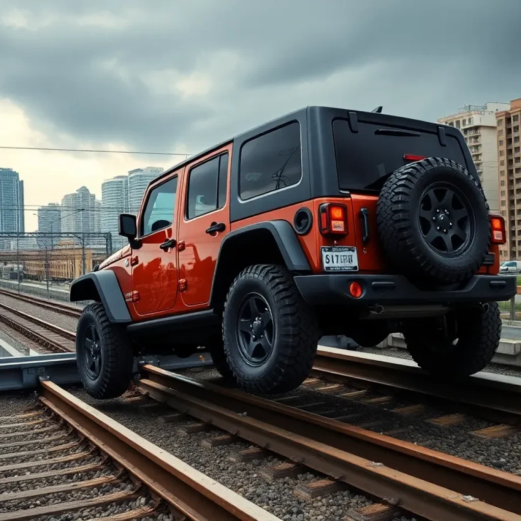 Jeep Wrangler obstructing METRORail tracks in downtown Houston