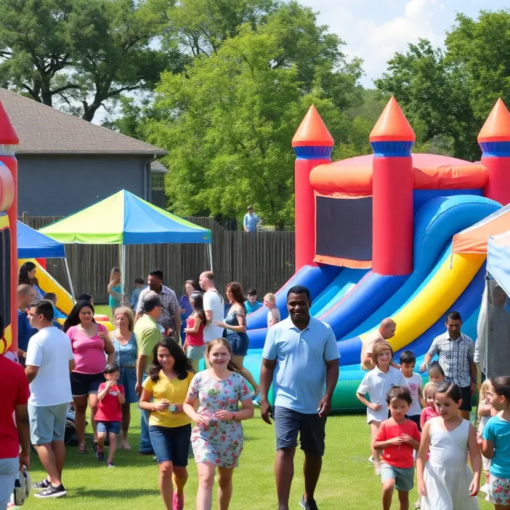 Outdoor party setup with inflatable attractions in Houston