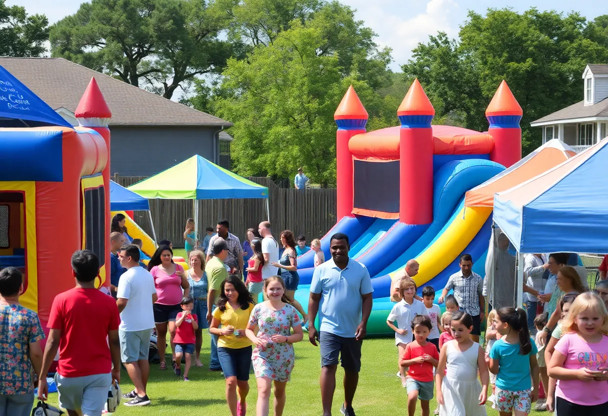 Outdoor party setup with inflatable attractions in Houston