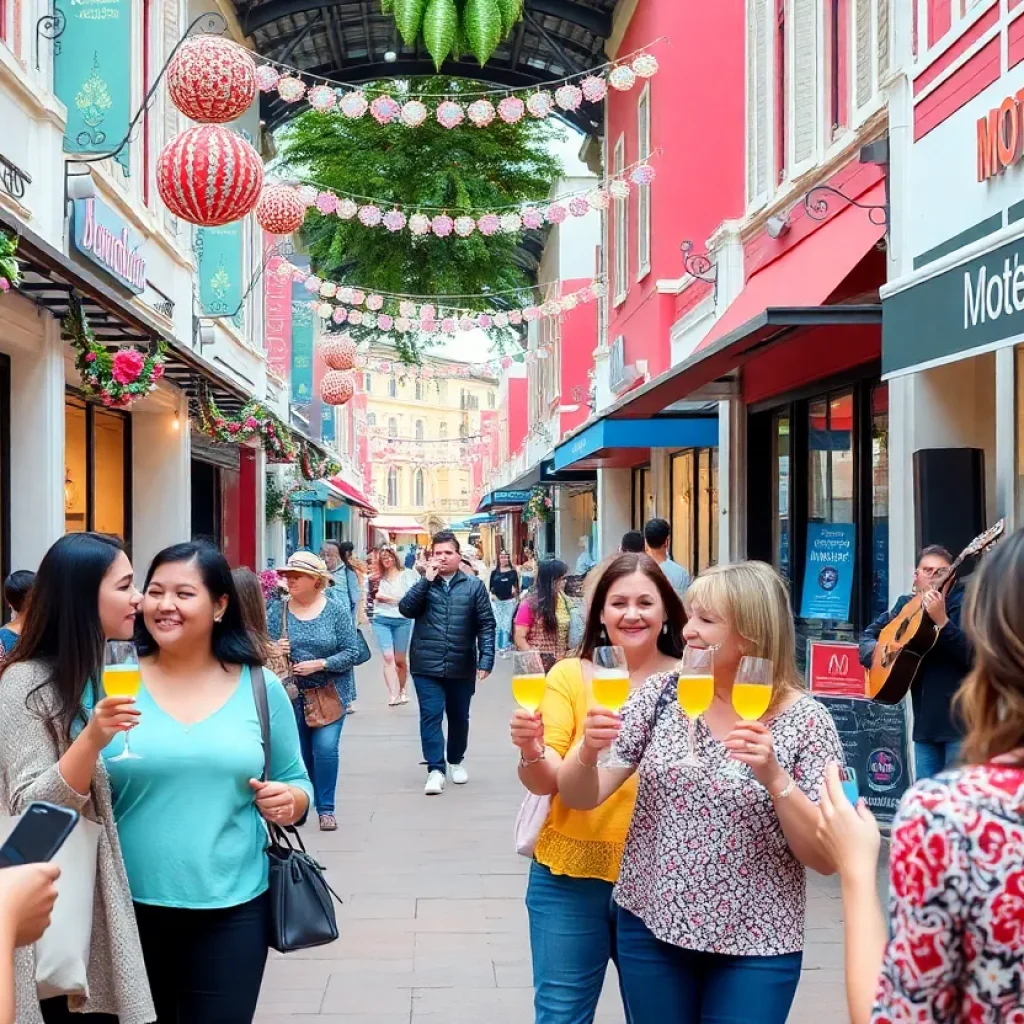 Celebration scene at River Oaks District for Mother's Day with shoppers and decorations