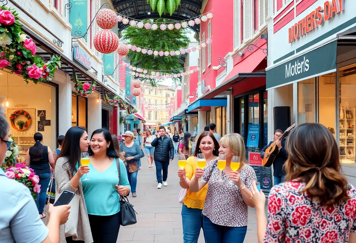 Celebration scene at River Oaks District for Mother's Day with shoppers and decorations