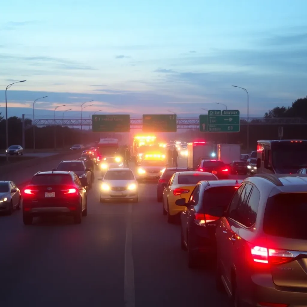 Emergency responders at a multi-vehicle crash site on I-45