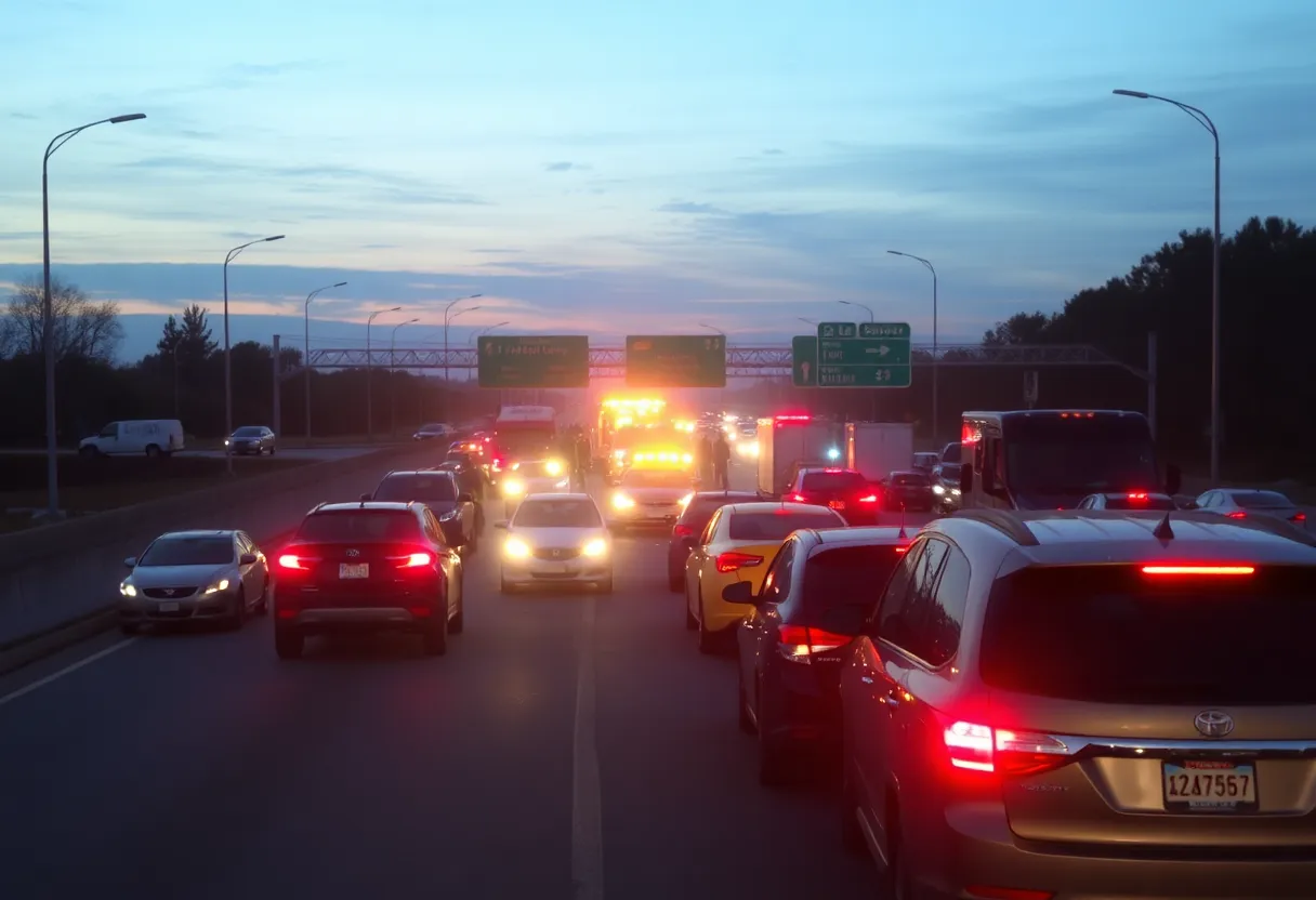 Emergency responders at a multi-vehicle crash site on I-45
