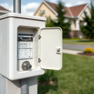 New water meter box with locked lid in a Houston neighborhood