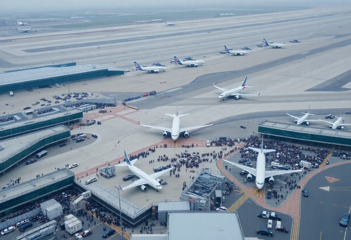 Aerial view of Newark Liberty International Airport highlighting flight delays.