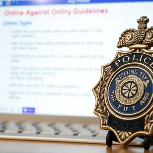Police badge next to a computer screen with safety guidelines