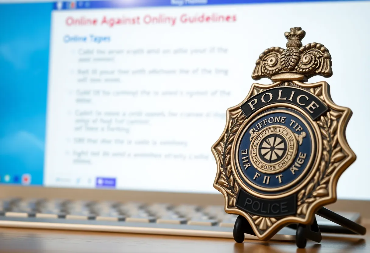 Police badge next to a computer screen with safety guidelines