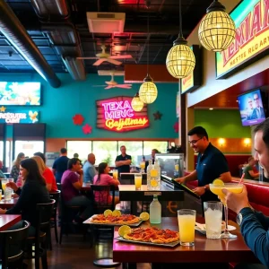 Interior of a Tex-Mex restaurant with happy diners and staff serving food.