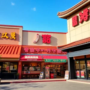 Rendering of Pearland Asian Town featuring diverse Asian restaurants and grocery.